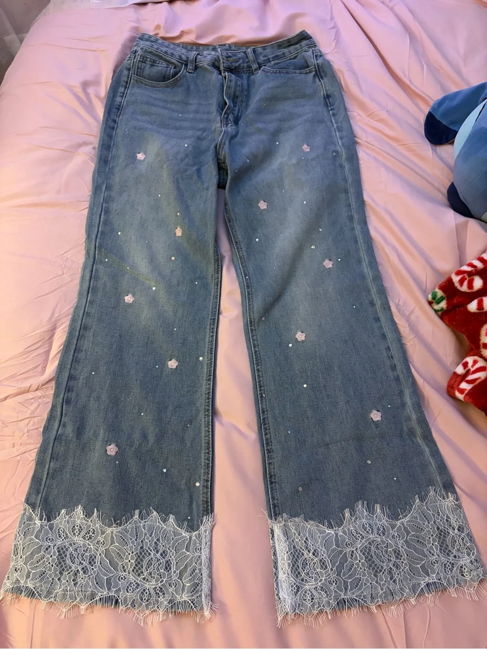 Women's Light Blue Boot Cut Jeans with Lace Hem